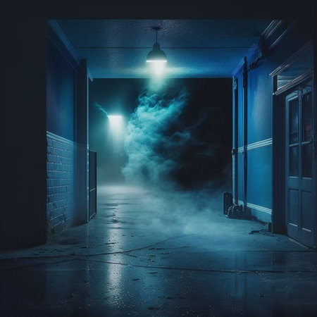Mysterious dark corridor with lights and fog. 3D Renderingの素材