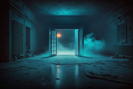 Foggy corridor with open door. Horror concept. 3D Renderingの素材