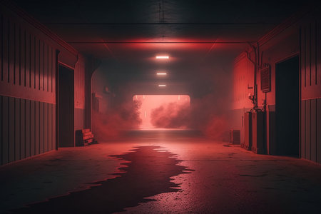 Foggy night in the garage. 3d rendering illustration.の素材