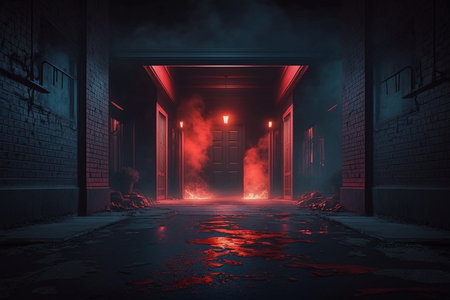 3d render of an abandoned building with a red door in the middle and a lot of smokeの素材