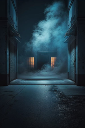 Mysterious dark room with door and lights. 3D renderingの素材