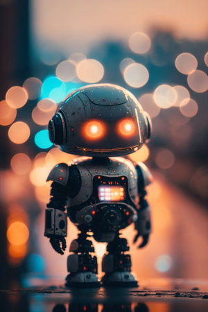Robot toy on blurred background with bokeh lights. Artificial intelligence concept.の素材