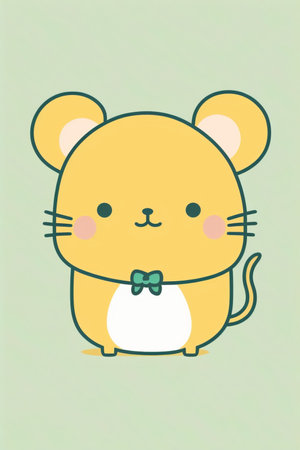 Cute cartoon mouse with bow tie on green background. Vector illustration.の素材