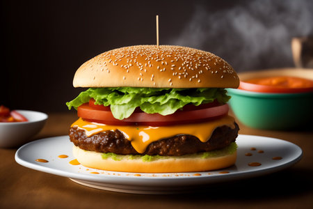Cheese burger - American cheese burger with fresh salad, tomato and onionの素材