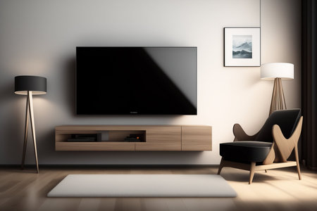 TV on the wall in modern living room. 3d rendering.の素材