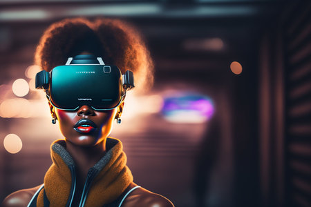 Young african american woman wearing virtual reality goggles. Future technology concept. 3D Renderingの素材