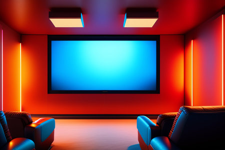 Red and blue interior of a modern living room with sofa and TVの素材