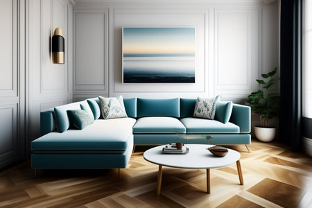 Modern classic living room interior with blue sofa, coffee table and posters on the wall. 3D Renderingの素材