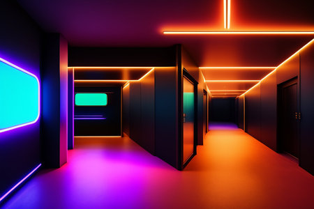 Interior of an empty room with neon lights. 3D renderingの素材