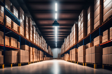Interior of a warehouse with rows of boxes. 3d renderingの素材