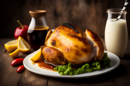 roasted chicken with sauce and a glass of milk on a wooden backgroundの素材