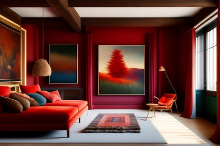 Interior of modern living room with red walls, sofa and armchairの素材