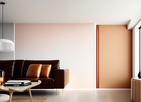 Interior of modern living room with orange walls, white floor, brown leather sofa and coffee table with books. 3d renderingの素材
