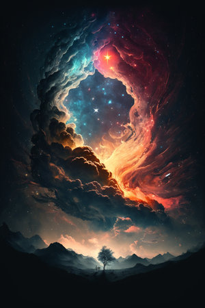 Fantasy landscape with a tree in the middle of the night skyの素材