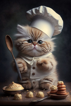 Cute little kitten in chef's hat with cookies and ladleの素材