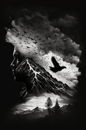 Silhouette of a woman with a raven in her head.の素材