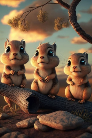 Three little squirrels sitting on a tree branch. 3d renderの素材