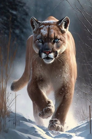 Puma running in the snow. This is a 3d render illustration.の素材