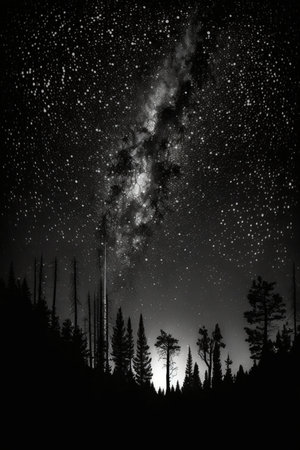 Milky way over the forest at night, black and white photoの素材