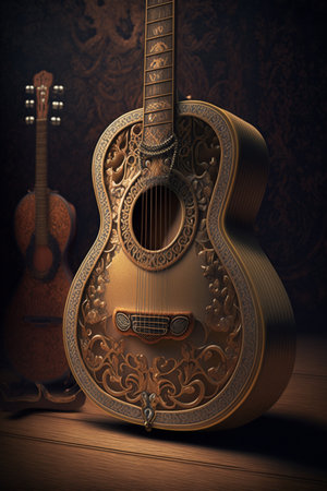 Guitar and acoustic guitar on a vintage background. 3d renderの素材