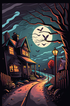 Halloween night landscape with haunted house and moon. Vector illustration.の素材