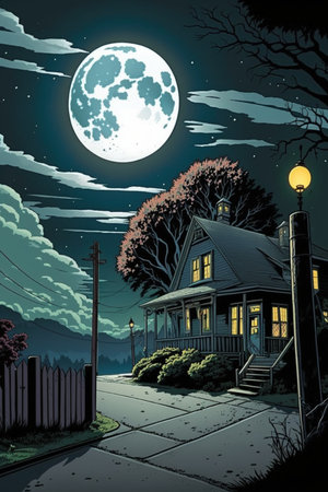 Night landscape with old house, moon and tree. Vector illustration.の素材