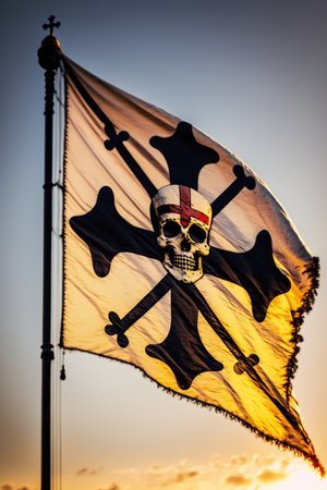 Skull and crossbones on a pirate flag with sunset sky backgroundの素材