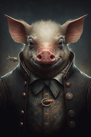 Vintage style portrait of a pig in a suit of the noblemanの素材