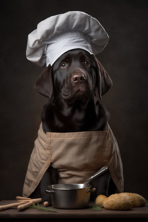 Chocolate Labrador Retriever in a chef's hat and apronの素材