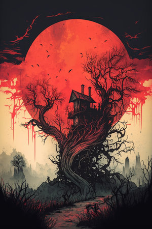 Halloween background with haunted house and scary trees. Vector illustration.の素材