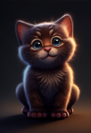 Cute kitten sitting on dark background. 3D illustration. cartoon style.の素材
