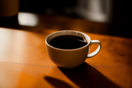 Coffee cup on wooden table in coffee shop, stock photoの素材