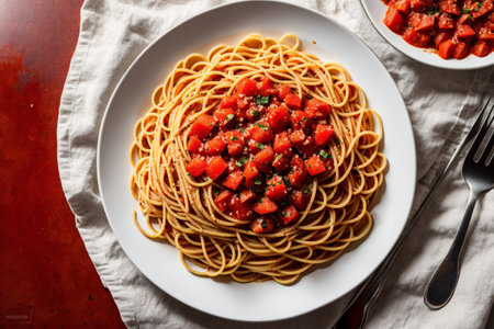Spaghetti with tomato sauce on a white plate. Top view.の素材