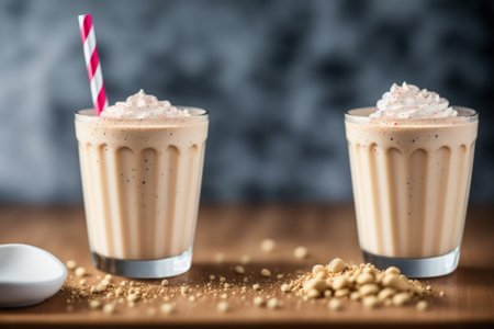 Milkshake with whipped cream in glass on wooden table, closeupの素材