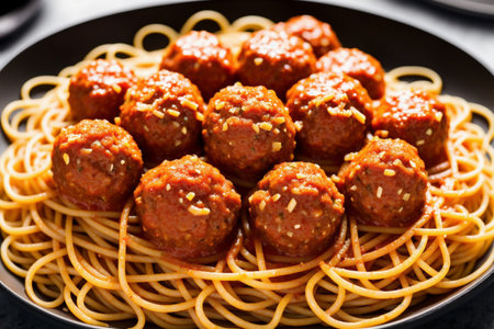 Spaghetti pasta with meatballs in tomato sauce. Italian food.の素材