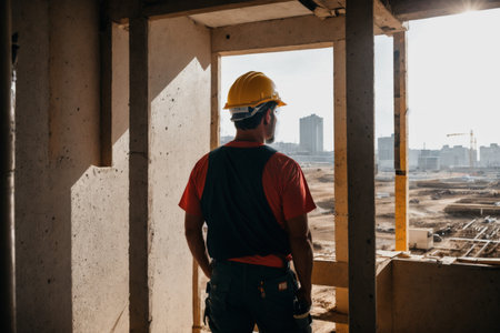 Rear view of male construction worker wearing safety helmet and looking at construction siteの素材