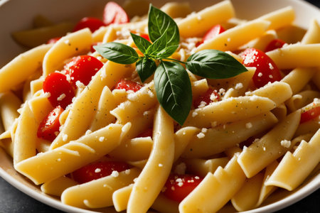 Pasta with cherry tomatoes and basil in a white bowl closeupの素材