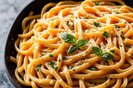 Spaghetti pasta with parmesan cheese and basil. italian foodの素材
