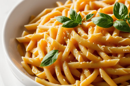 Bowl of tasty pasta with basil on white background, closeupの素材