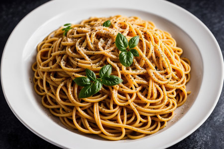 Spaghetti pasta with basil and parmesan on a black backgroundの素材