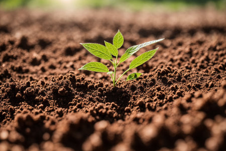 Green seedling growing on fertile soil. Planting in the garden.の素材