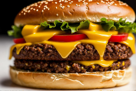Closeup of a tasty cheeseburger on a black background.の素材