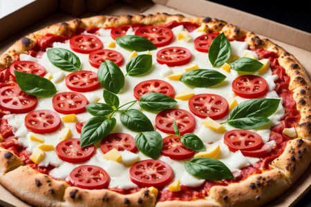 Pizza with mozzarella, tomatoes and basil on black backgroundの素材