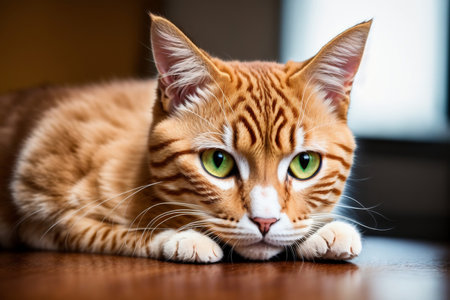 Cute ginger cat with green eyes lying on the wooden floor.の素材