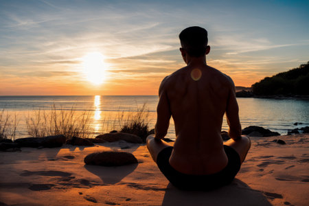 Man practicing yoga on the beach at sunset. Healthy lifestyle concept.の素材