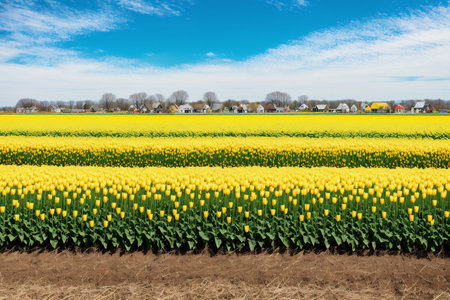 Yellow tulips in a field on a sunny spring day in Hollandの素材