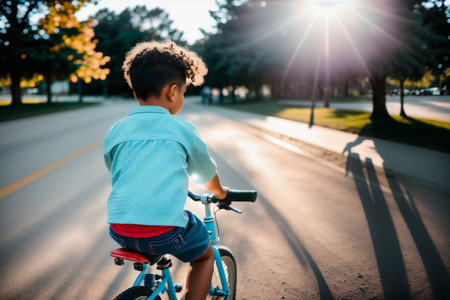 back view of african american boy riding on bicycle in parkの素材
