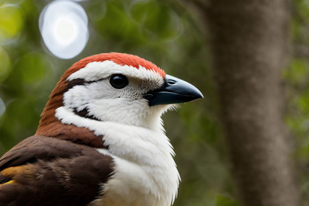Closeup portrait of a white and brown bird with red beakの素材