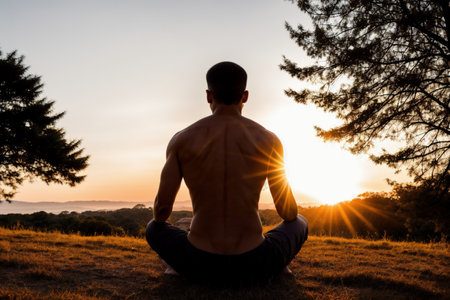 Man practicing yoga in the morning on the hill with sunrise background.の素材