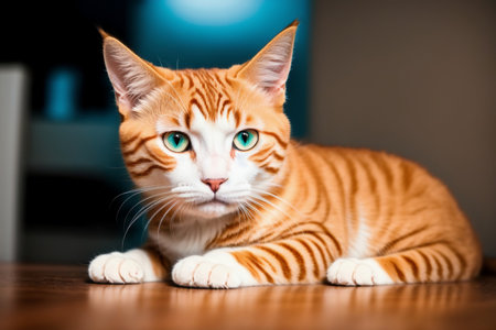 Portrait of a beautiful red cat with green eyes lying on the floorの素材